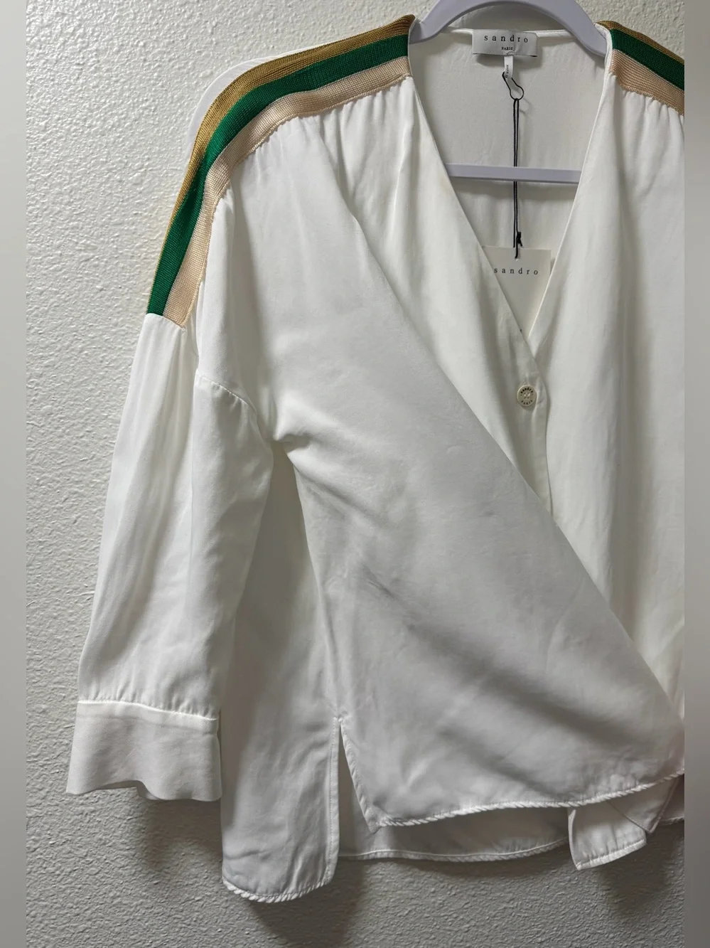 Sandro Leodine Button Blouse Striped Shoulder VNeck High Low Button Cuff Small